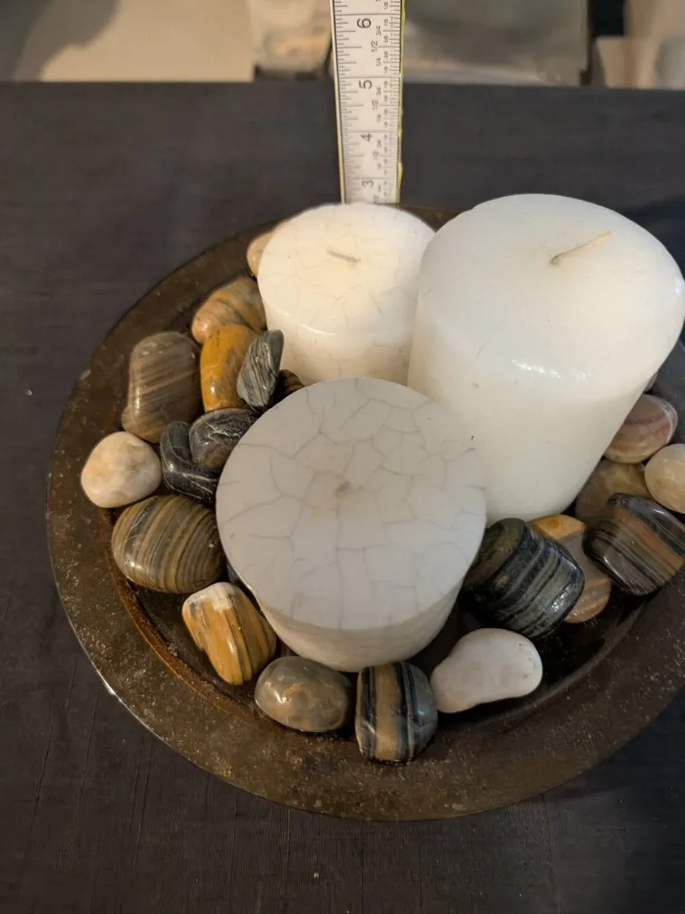 Zen River Rock Glass Bowl Candle Centerpiece with Metal Stand – White, Gray &